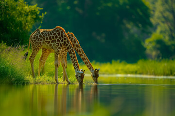 Two giraffes drinking water from a river. The scene is peaceful and serene. The giraffes are in a natural setting, surrounded by greenery and water - obrazy, fototapety, plakaty