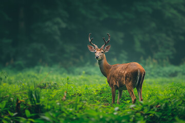 Naklejka na ściany i meble A deer stands in a lush green field, looking to the right. Concept of tranquility and natural beauty, as the deer is surrounded by the vibrant green grass and trees