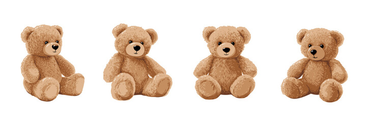 Cute cartoon bear doll set for babies and children. Fluffy soft stuffed toys. Little teddy bears vector illustrations in trendy style isolated on white background. Beige and brown colors.