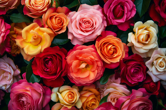 A bouquet of roses in various colors, including pink, orange, and yellow. The arrangement is full and vibrant, creating a cheerful and lively atmosphere