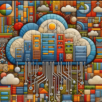 Felt art patchwork, cloud computing infrastructure, data centers, servers, and networking equipment
