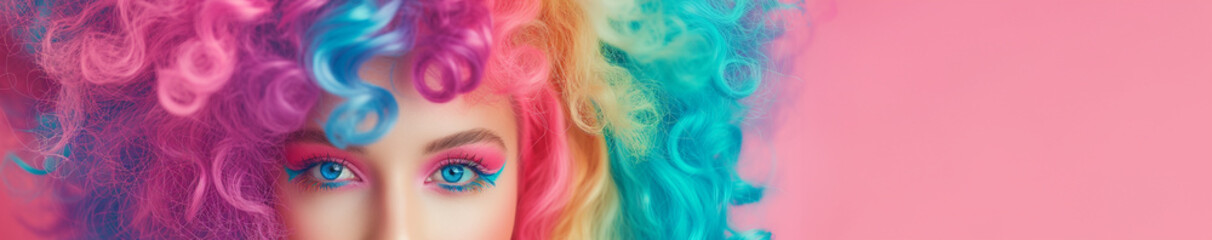 A woman with rainbow colored hair is the main focus of the image. The hair is styled in a way that it is in motion, giving the impression of a lively and energetic personality - obrazy, fototapety, plakaty