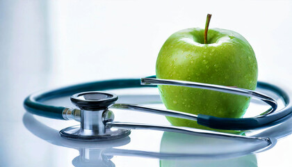Extreme close-up of a green apple and a stethoscope on a white reflective surface with copy space. Healthy eating, medical health and cardiological care concept. Generative Ai. - obrazy, fototapety, plakaty