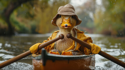 A duck in a rowing outfit, coordinating with precision in a team boat
