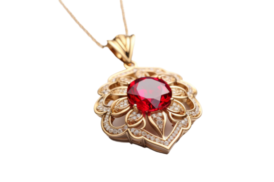 Crimson Elegance: The Enchanting Necklace With a Fiery Red Gem. On a White or Clear Surface PNG Transparent Background.