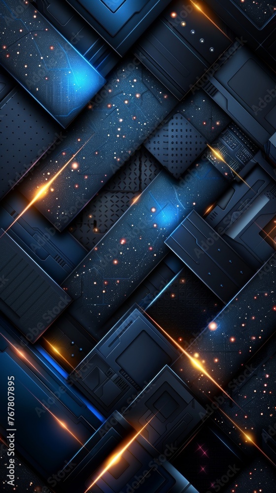 Poster an innovative background blending black and blue geometric patterns, boasting a sleek high-tech text