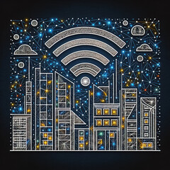 Obraz premium Felt art patchwork, Wi-Fi smart city or network, Building automation with computer board illustration