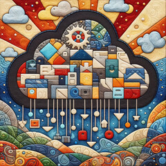 Felt art patchwork, Cloud computing concept, showcasing file upload and storage symbols, representing business automation, digital transformation, and modern data management