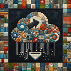 Felt art patchwork, Cloud computing concept, showcasing file upload and storage symbols, representing business automation, digital transformation, and modern data management