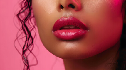 Close-up of women's pink lips. Make up