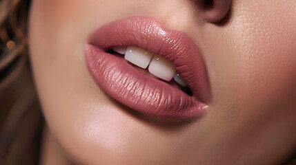 Fototapeta premium Close-up of women's pink lips. Make up