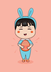 Vector cartoon drawing depicting an Asian girl in an Easter bunny costume with a painted egg in her hands on a pink background