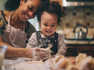Mother and Child Enjoying Baking Together at Home. A mother and her young child are joyfully baking in the kitchen, covered in flour with big smiles on their faces.

