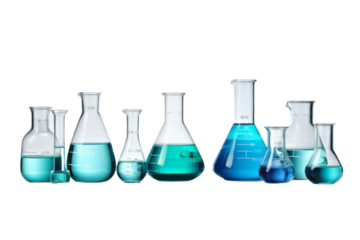 Enigmatic Elixirs: Array of Glass Flasks Filled With Mysterious Blue Liquid. On a White or Clear Surface PNG Transparent Background.