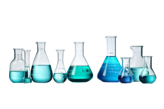 Enigmatic Elixirs: Array of Glass Flasks Filled With Mysterious Blue Liquid. On a White or Clear Surface PNG Transparent Background.