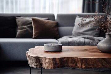 Close up of natural wood rustic live edge coffee table near grey sofa. Minimalist home interior design