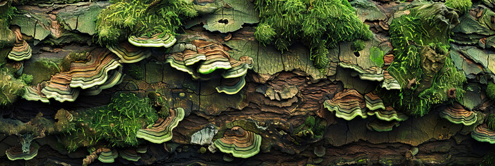 Detailed texture of tree bark with moss and lichen, representing resilience and growth. 3D Rendering style illustration - obrazy, fototapety, plakaty