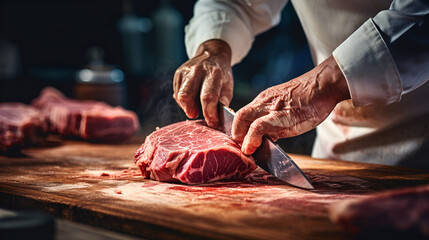 Skilled butcher cuts meat frontal view against a dark surface showcasing precision - obrazy, fototapety, plakaty