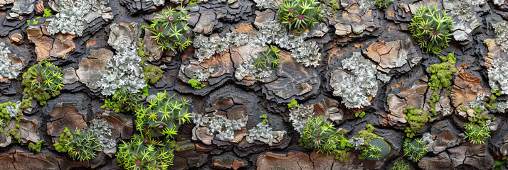 Detailed texture of tree bark with moss and lichen, representing resilience and growth. 3D Rendering style illustration