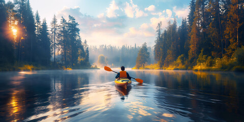 back of a male kayaker man is sailing on lake on kayak in summer at sunset - obrazy, fototapety, plakaty