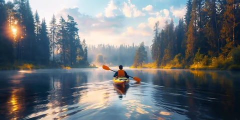 Foto op Canvas back of a male kayaker man is sailing on lake on kayak in summer at sunset © alexkoral