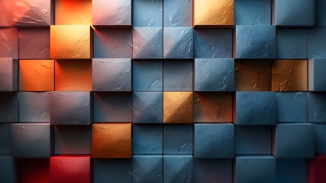 Fototapeta Modern Artistic Wall Design Featuring Multicolored 3D Cubes with Textured Surfaces Illuminated by Ambient Lighting