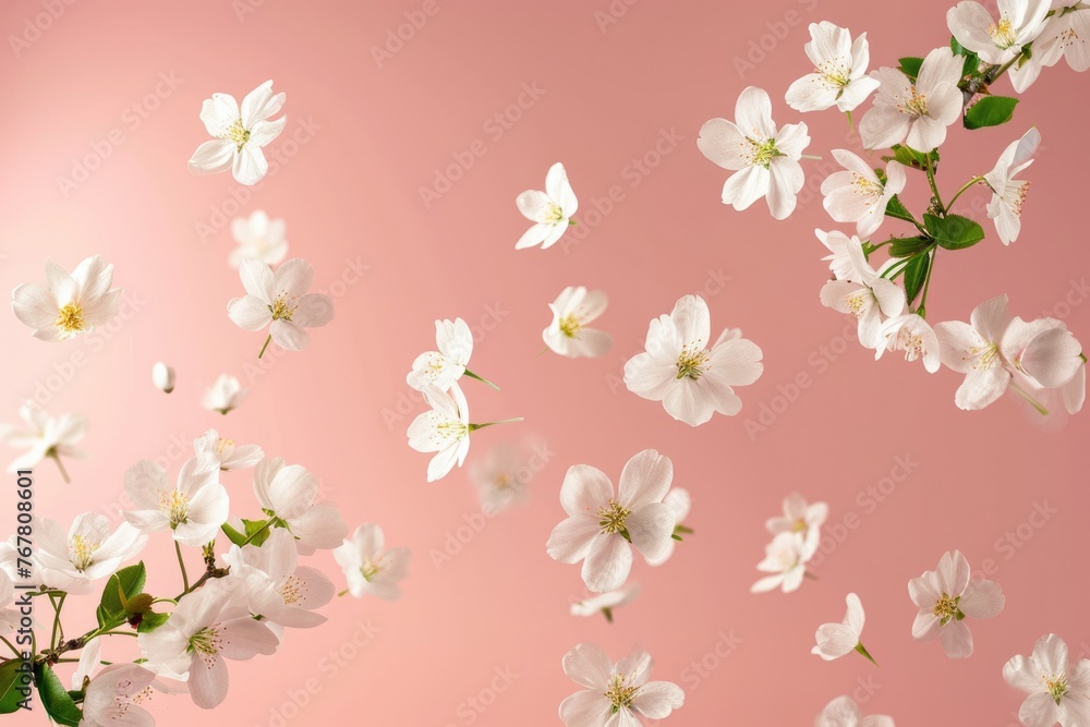 Poster spring cherry flowers levitating in high resolution image.