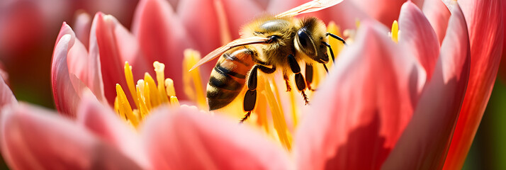 Nature's Reciprocity: A Closeup View of a Bee Gathering Nectar from a Striped Tulip - obrazy, fototapety, plakaty