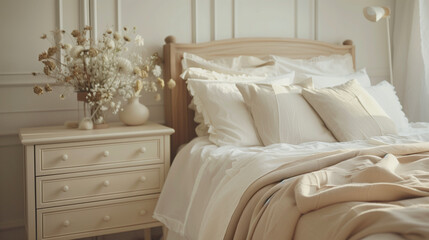 Close up of bedside cabinet near bed with beige bedding. French country interior design of modern...