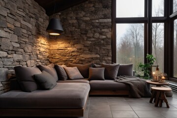 sofa against window in room with stone cladding walls.