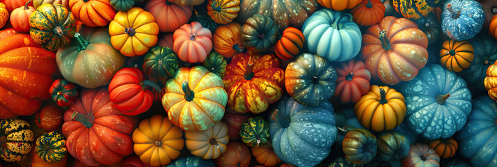 Colorful autumn pumpkins and gourds at farmer's market. Harvest and abundance - obrazy, fototapety, plakaty