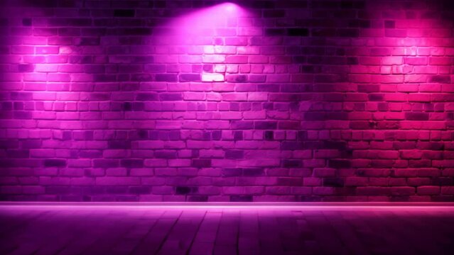 Brick wall texture pattern, pink, and purple background, spotlights reflection on the floor