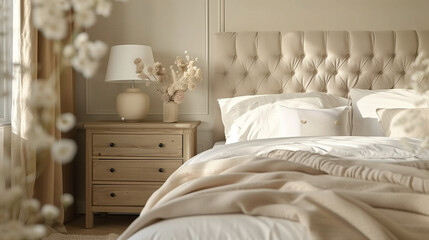 bed in bedroom, Close up of bedside cabinet near bed with beige bedding. French country interior...