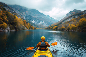 back of kayaker kayaking on lake with a landscape of mountain and forests in nature - obrazy, fototapety, plakaty