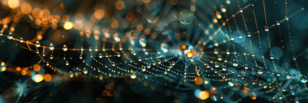 Dewdrops on a cobweb in early morning light, symbolizing the interconnectedness of life