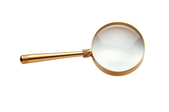 Envisioning Secrets: Magnifying Glass Illuminates Truth on White Canvas. On a White or Clear Surface PNG Transparent Background.