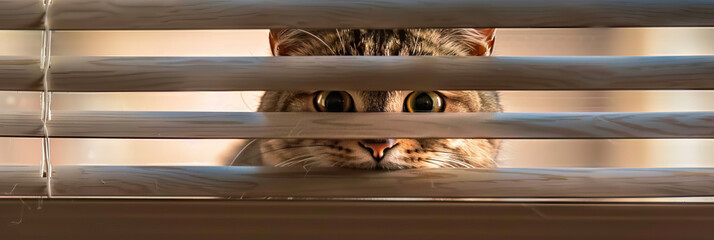Cat peeking through window blinds with curious expression. Curiosity and observation
