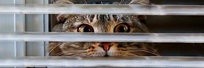 Cat peeking through window blinds with curious expression. Curiosity and observation - obrazy, fototapety, plakaty