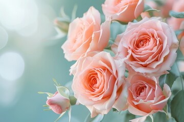 Delicate roses bloom on festive floral card.