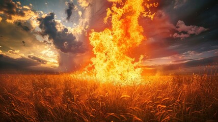 Majestic wildfire in golden wheat field - This powerful image showcases a fierce wildfire blazing through a golden wheat field against a dramatic sky at sunset