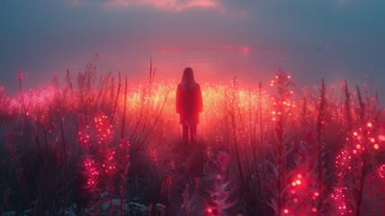 Mystical figure in a glowing red field - A solitary figure stands in an ethereal field with glowing red lights, creating a sense of mystery and fantasy