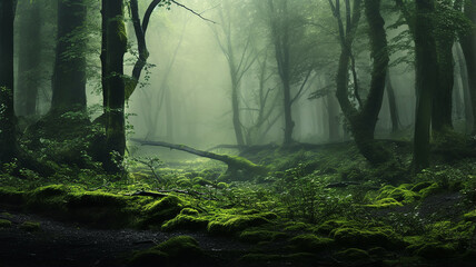 misty landscape in a fresh green spring forest,  trunks of green trees in the mist of the forest morning coolness - obrazy, fototapety, plakaty