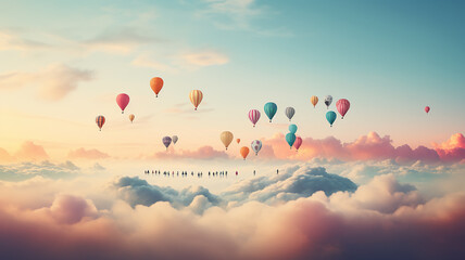 panorama of multicolored balloons in the sky above the clouds, background, space, freedom and happiness