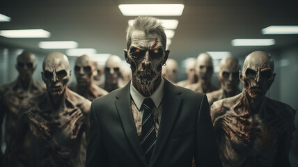 zombie apocalypse, zombie dressed as a businessman in a formal suit, hard work stress, workaholic concept, abstract fictional humor - obrazy, fototapety, plakaty