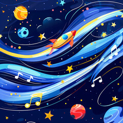 A quirky, cartoon spacecraft bouncing on musical notes across a galaxy, where stars are disco balls and planets are vinyl records