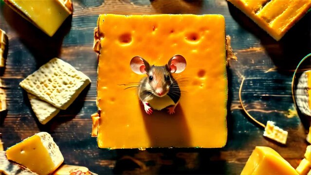 A charming image of a small mouse peeking out from a hole in a block of Swiss cheese surrounded by various cheese types on a wooden surface