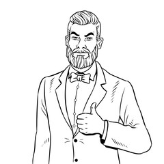 Man with beard thumbs up coloring book PNG illustration with transparent background	