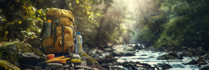 Backpack, Water Bottle, Snacks, First Aid Kit - Outdoor Adventure Essentials.  - obrazy, fototapety, plakaty