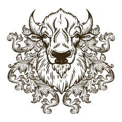 Bison head with floral ornament engraving PNG illustration with transparent background	