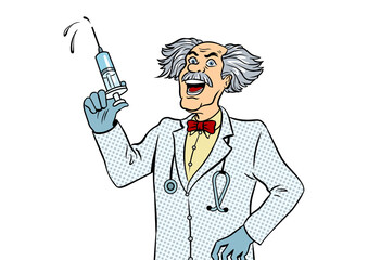 Mad doctor with syringe pop art PNG illustration with transparent background	
